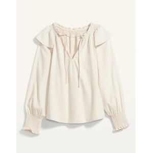 Puff-Sleeve White-Wash Ruffle-Trimmed Smocked Jean Blouse